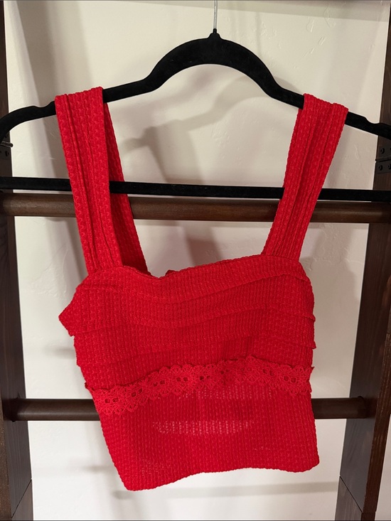 SHEIN Tops - SHEIN Bright Red Cropped Knit Tank with Lace Detail
